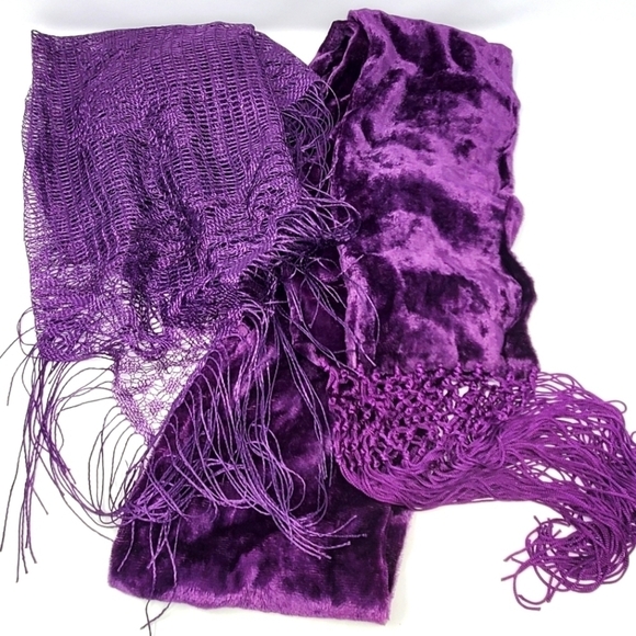 PURPLE SCARF LOT OF TWO VELVET SCARF FRINGE ENDS TRIANGLE SHAWL WRAP WOMEN OS - Picture 1 of 11